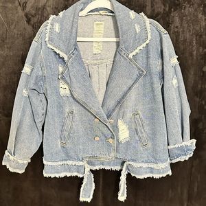 Aaron & Amber Distressed Denim Blue Jean Jacket Silver Front Buttons Small